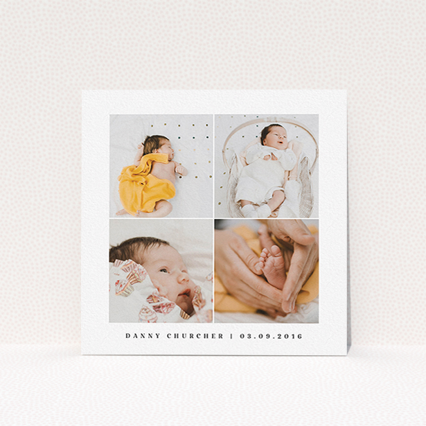 A new baby announcement card template titled "4 Frame". It is a square (148mm x 148mm) card in a square orientation. It is a photographic new baby announcement card with room for 3 photos. "4 Frame" is available as a flat card, with tones of black and white.