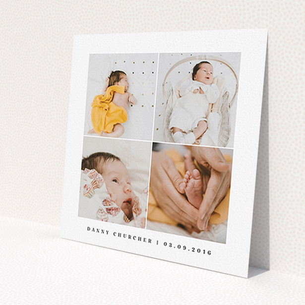 A new baby announcement card template titled '4 Frame'. It is a square (148mm x 148mm) card in a square orientation. It is a photographic new baby announcement card with room for 3 photos. '4 Frame' is available as a flat card, with tones of black and white.
