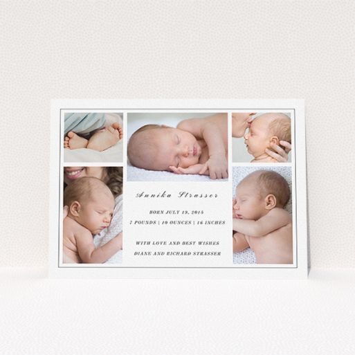 A new baby announcement card design titled "5 Frames". It is an A5 card in a landscape orientation. It is a photographic new baby announcement card with room for 3 photos. "5 Frames" is available as a flat card, with tones of black and white.