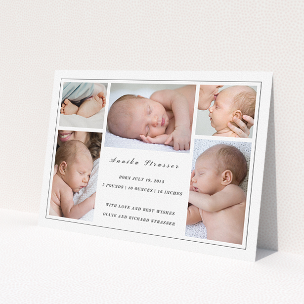 A new baby announcement card design titled '5 Frames'. It is an A5 card in a landscape orientation. It is a photographic new baby announcement card with room for 3 photos. '5 Frames' is available as a flat card, with tones of black and white.