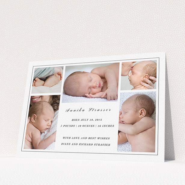 A new baby announcement card design titled "5 Frames". It is an A5 card in a landscape orientation. It is a photographic new baby announcement card with room for 3 photos. "5 Frames" is available as a flat card, with tones of black and white.