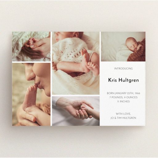 A new baby announcement card called "All the snaps". It is an A5 card in a landscape orientation. It is a photographic new baby announcement card with room for 3 photos. "All the snaps" is available as a flat card, with tones of black and white.
