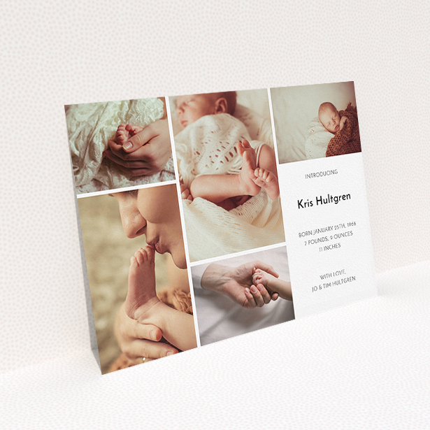 A new baby announcement card called "All the snaps". It is an A5 card in a landscape orientation. It is a photographic new baby announcement card with room for 3 photos. "All the snaps" is available as a flat card, with tones of black and white.