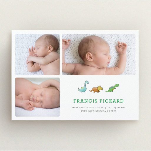 A new baby announcement card design called "BabySaurus". It is an A5 card in a landscape orientation. It is a photographic new baby announcement card with room for 3 photos. "BabySaurus" is available as a flat card, with tones of green and white.