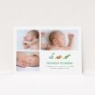 A new baby announcement card design called "BabySaurus". It is an A5 card in a landscape orientation. It is a photographic new baby announcement card with room for 3 photos. "BabySaurus" is available as a flat card, with tones of green and white.