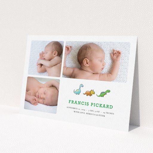 A new baby announcement card design called 'BabySaurus'. It is an A5 card in a landscape orientation. It is a photographic new baby announcement card with room for 3 photos. 'BabySaurus' is available as a flat card, with tones of green and white.