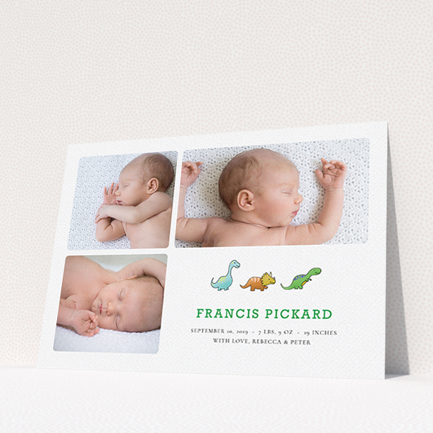 A new baby announcement card design called "BabySaurus". It is an A5 card in a landscape orientation. It is a photographic new baby announcement card with room for 3 photos. "BabySaurus" is available as a flat card, with tones of green and white.