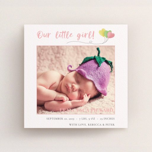 A new baby announcement card named "Balloooons". It is a square (148mm x 148mm) card in a square orientation. It is a photographic new baby announcement card with room for 1 photo. "Balloooons" is available as a flat card, with mainly pink colouring.