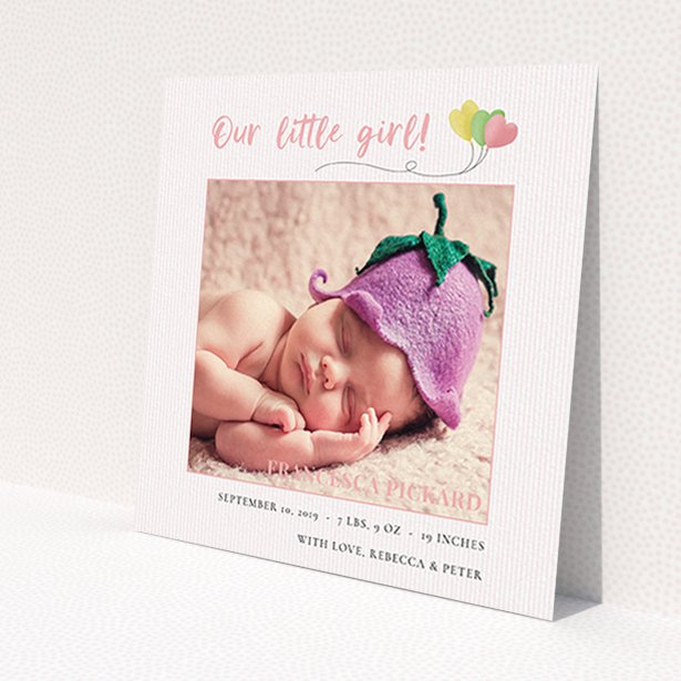 A new baby announcement card named 'Balloooons'. It is a square (148mm x 148mm) card in a square orientation. It is a photographic new baby announcement card with room for 1 photo. 'Balloooons' is available as a flat card, with mainly pink colouring.