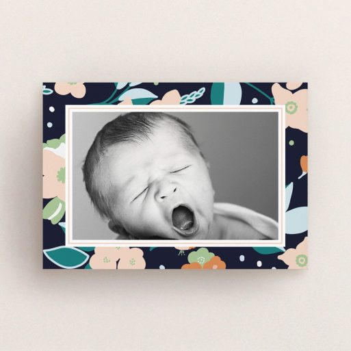 A new baby announcement card called "Bedtime Garden". It is an A6 card in a landscape orientation. It is a photographic new baby announcement card with room for 1 photo. "Bedtime Garden" is available as a flat card, with tones of navy blue, pink and orange.