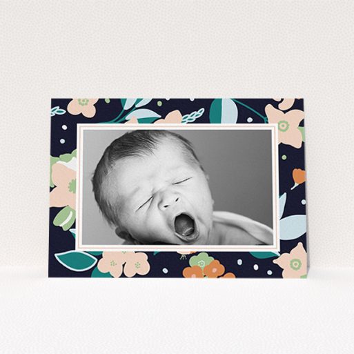 A new baby announcement card called "Bedtime Garden". It is an A6 card in a landscape orientation. It is a photographic new baby announcement card with room for 1 photo. "Bedtime Garden" is available as a flat card, with tones of navy blue, pink and orange.