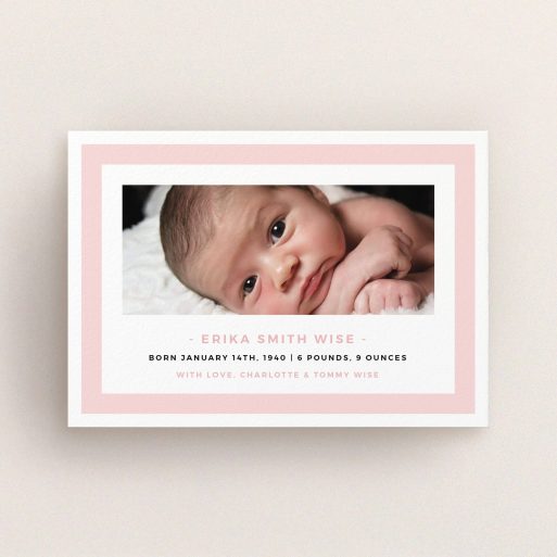 A new baby announcement card named "Big Pink". It is an A6 card in a landscape orientation. It is a photographic new baby announcement card with room for 1 photo. "Big Pink" is available as a flat card, with tones of pink and white.
