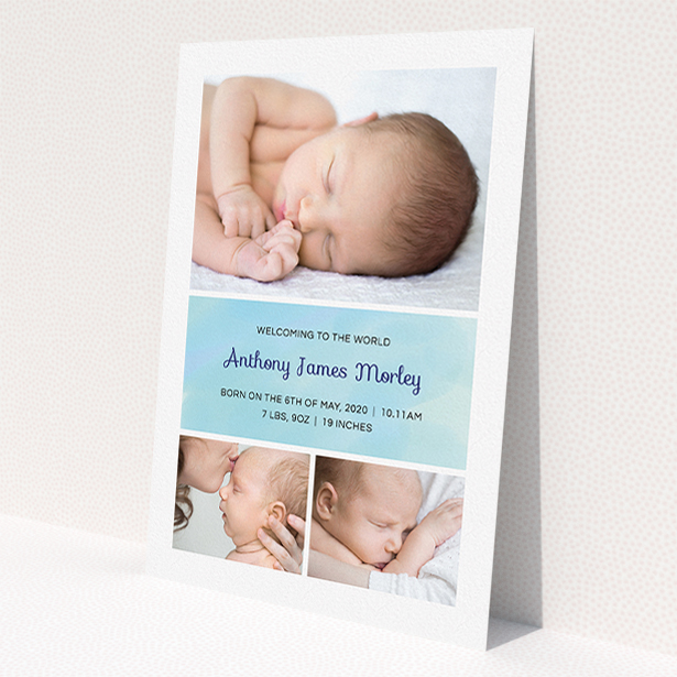 A new baby announcement card template titled "Block Tower". It is an A5 card in a portrait orientation. It is a photographic new baby announcement card with room for 3 photos. "Block Tower" is available as a flat card, with tones of blue and white.
