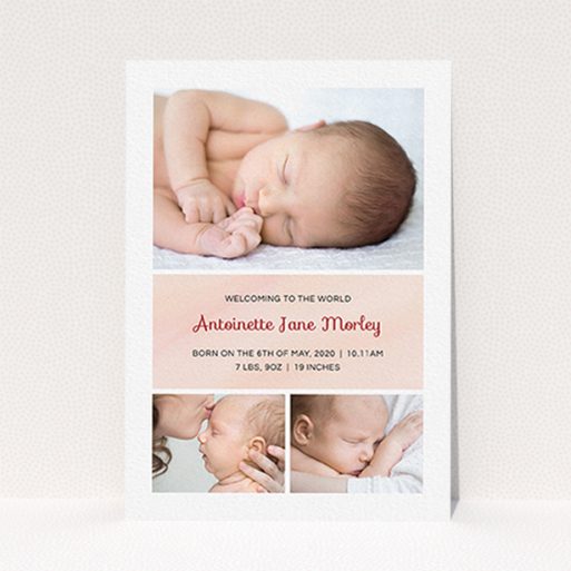 A new baby announcement card design named "Block Tower". It is an A6 card in a portrait orientation. It is a photographic new baby announcement card with room for 3 photos. "Block Tower" is available as a flat card, with tones of pink and white.