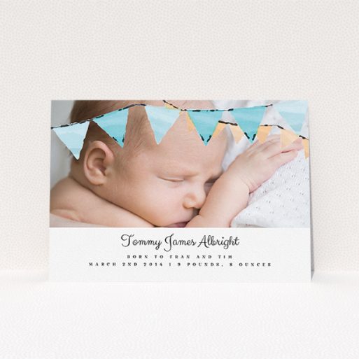 A new baby announcement card design titled "Blue Bunting". It is an A5 card in a landscape orientation. It is a photographic new baby announcement card with room for 1 photo. "Blue Bunting" is available as a flat card, with tones of blue and white.