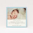 A new baby announcement card design named "Blue Polkadots". It is a square (148mm x 148mm) card in a square orientation. It is a photographic new baby announcement card with room for 1 photo. "Blue Polkadots" is available as a flat card, with tones of blue and white.
