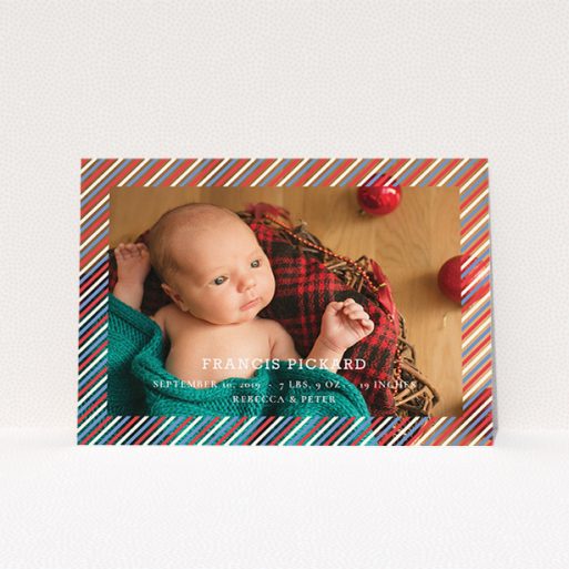 A new baby announcement card named "Blue, Red and White Slant". It is an A5 card in a landscape orientation. It is a photographic new baby announcement card with room for 1 photo. "Blue, Red and White Slant" is available as a flat card, with mainly white colouring.