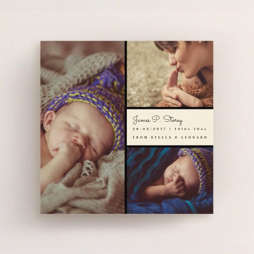 A new baby announcement card design called "Bookshelf". It is a square (148mm x 148mm) card in a square orientation. It is a photographic new baby announcement card with room for 3 photos. "Bookshelf" is available as a flat card, with mainly cream colouring.