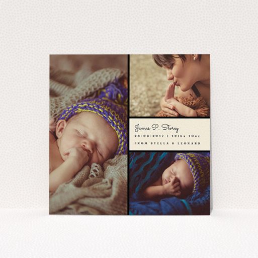 A new baby announcement card design called "Bookshelf". It is a square (148mm x 148mm) card in a square orientation. It is a photographic new baby announcement card with room for 3 photos. "Bookshelf" is available as a flat card, with mainly cream colouring.