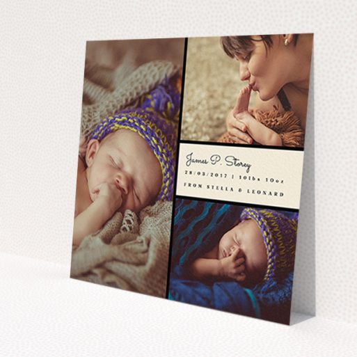 A new baby announcement card design called 'Bookshelf'. It is a square (148mm x 148mm) card in a square orientation. It is a photographic new baby announcement card with room for 3 photos. 'Bookshelf' is available as a flat card, with mainly cream colouring.