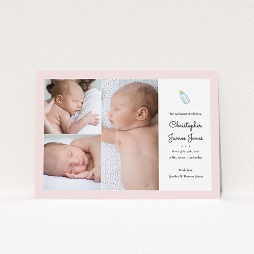A new baby announcement card template titled "Bottled Up". It is an A5 card in a landscape orientation. It is a photographic new baby announcement card with room for 3 photos. "Bottled Up" is available as a flat card, with tones of pink and white.