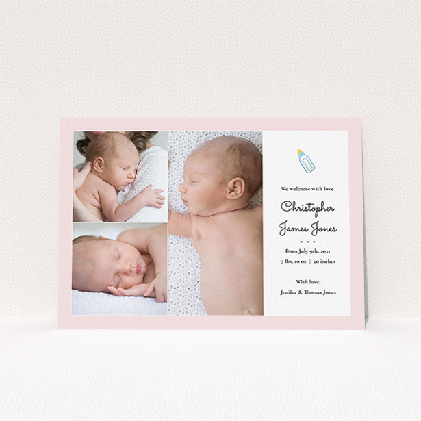 A new baby announcement card template titled "Bottled Up". It is an A5 card in a landscape orientation. It is a photographic new baby announcement card with room for 3 photos. "Bottled Up" is available as a flat card, with tones of pink and white.