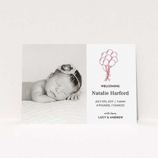 A new baby announcement card design named "Celebration". It is an A5 card in a landscape orientation. It is a photographic new baby announcement card with room for 1 photo. "Celebration" is available as a flat card, with tones of white and red.