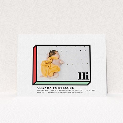 A new baby announcement card called "Chip Off The Old Block". It is an A6 card in a landscape orientation. It is a photographic new baby announcement card with room for 1 photo. "Chip Off The Old Block" is available as a flat card, with tones of white, green and red.