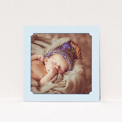 A new baby announcement card design titled "Classic Frame". It is a square (148mm x 148mm) card in a square orientation. It is a photographic new baby announcement card with room for 1 photo. "Classic Frame" is available as a flat card, with mainly blue colouring.