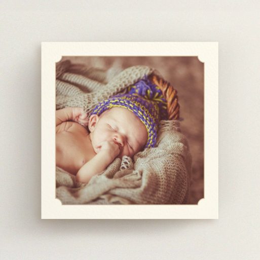 A new baby announcement card called "Classic Frame". It is a square (148mm x 148mm) card in a square orientation. It is a photographic new baby announcement card with room for 1 photo. "Classic Frame" is available as a flat card, with mainly cream colouring.