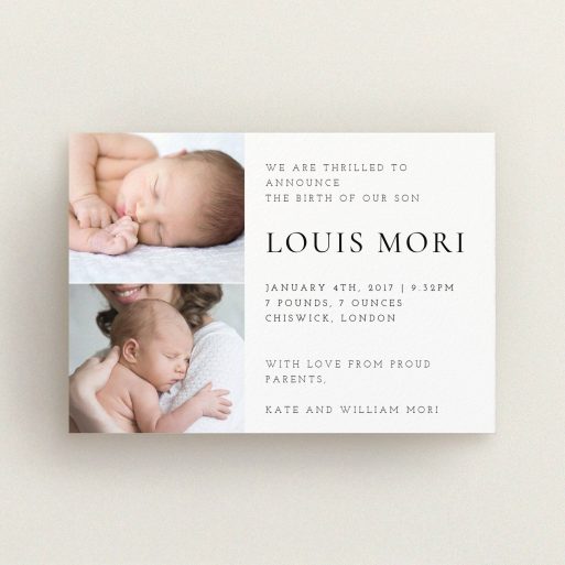 A new baby announcement card design called "Clean and Simple". It is an A6 card in a landscape orientation. It is a photographic new baby announcement card with room for 2 photos. "Clean and Simple" is available as a flat card, with mainly white colouring.
