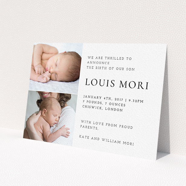 A new baby announcement card design called 'Clean and Simple'. It is an A6 card in a landscape orientation. It is a photographic new baby announcement card with room for 2 photos. 'Clean and Simple' is available as a flat card, with mainly white colouring.