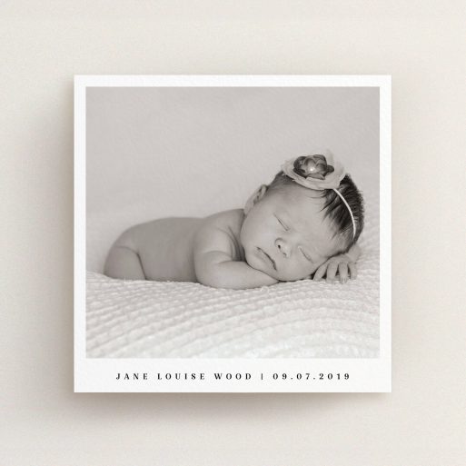 A new baby announcement card design called "Clean portrait". It is a square (148mm x 148mm) card in a square orientation. It is a photographic new baby announcement card with room for 1 photo. "Clean portrait" is available as a flat card, with mainly white colouring.
