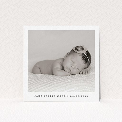 A new baby announcement card design called "Clean portrait". It is a square (148mm x 148mm) card in a square orientation. It is a photographic new baby announcement card with room for 1 photo. "Clean portrait" is available as a flat card, with mainly white colouring.