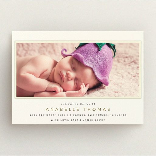 A new baby announcement card template titled "Cream with Cream". It is an A5 card in a landscape orientation. It is a photographic new baby announcement card with room for 1 photo. "Cream with Cream" is available as a flat card, with mainly cream colouring.