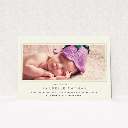 A new baby announcement card template titled "Cream with Cream". It is an A5 card in a landscape orientation. It is a photographic new baby announcement card with room for 1 photo. "Cream with Cream" is available as a flat card, with mainly cream colouring.