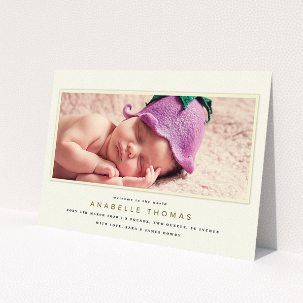 A new baby announcement card template titled 'Cream with Cream'. It is an A5 card in a landscape orientation. It is a photographic new baby announcement card with room for 1 photo. 'Cream with Cream' is available as a flat card, with mainly cream colouring.
