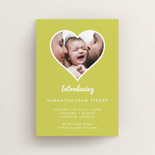 A new baby announcement card called "Electric Yellow". It is an A6 card in a portrait orientation. It is a photographic new baby announcement card with room for 1 photo. "Electric Yellow" is available as a flat card, with tones of green and white.