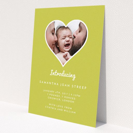A new baby announcement card called 'Electric Yellow'. It is an A6 card in a portrait orientation. It is a photographic new baby announcement card with room for 1 photo. 'Electric Yellow' is available as a flat card, with tones of green and white.