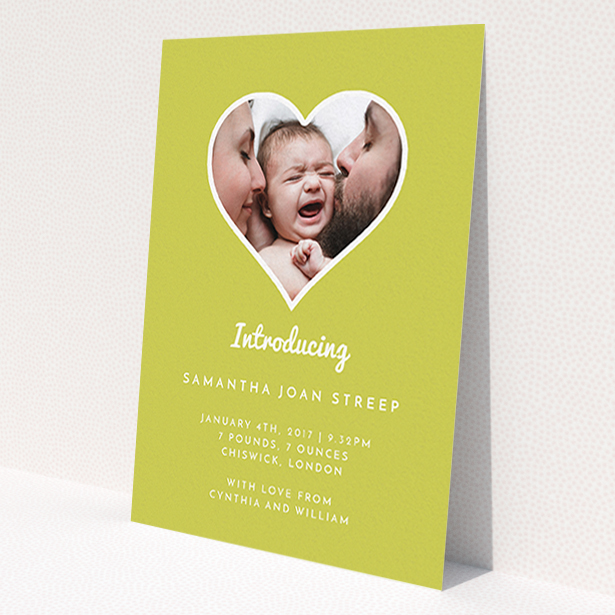A new baby announcement card called "Electric Yellow". It is an A6 card in a portrait orientation. It is a photographic new baby announcement card with room for 1 photo. "Electric Yellow" is available as a flat card, with tones of green and white.