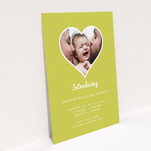 A new baby announcement card called "Electric Yellow". It is an A6 card in a portrait orientation. It is a photographic new baby announcement card with room for 1 photo. "Electric Yellow" is available as a flat card, with tones of green and white.