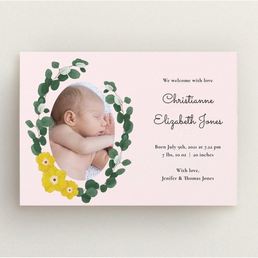 A new baby announcement card template titled "Eucalyptus Frame". It is an A5 card in a landscape orientation. It is a photographic new baby announcement card with room for 1 photo. "Eucalyptus Frame" is available as a flat card, with tones of pink, green and yellow.