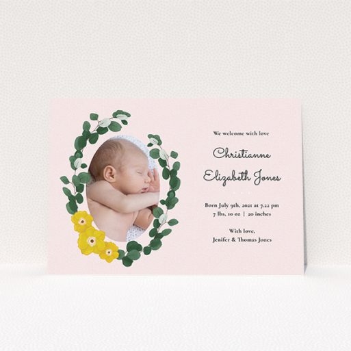 A new baby announcement card template titled "Eucalyptus Frame". It is an A5 card in a landscape orientation. It is a photographic new baby announcement card with room for 1 photo. "Eucalyptus Frame" is available as a flat card, with tones of pink, green and yellow.