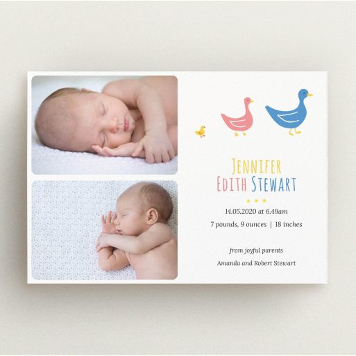 A new baby announcement card design titled "Family of Ducks". It is an A5 card in a landscape orientation. It is a photographic new baby announcement card with room for 2 photos. "Family of Ducks" is available as a flat card, with tones of white and blue.