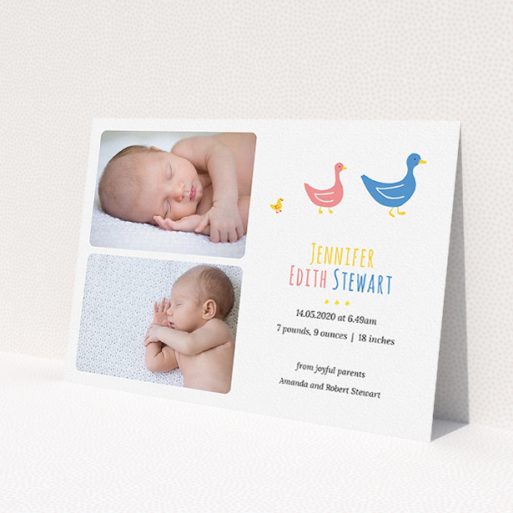 A new baby announcement card design titled 'Family of Ducks'. It is an A5 card in a landscape orientation. It is a photographic new baby announcement card with room for 2 photos. 'Family of Ducks' is available as a flat card, with tones of white and blue.
