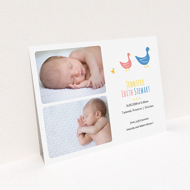 A new baby announcement card design titled "Family of Ducks". It is an A5 card in a landscape orientation. It is a photographic new baby announcement card with room for 2 photos. "Family of Ducks" is available as a flat card, with tones of white and blue.
