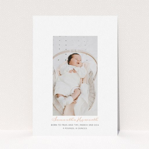 A new baby announcement card design named "Floating there". It is an A5 card in a portrait orientation. It is a photographic new baby announcement card with room for 1 photo. "Floating there" is available as a flat card, with tones of white and pink.