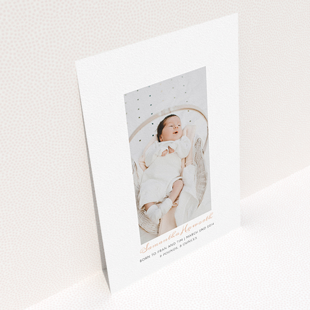 A new baby announcement card design named "Floating there". It is an A5 card in a portrait orientation. It is a photographic new baby announcement card with room for 1 photo. "Floating there" is available as a flat card, with tones of white and pink.