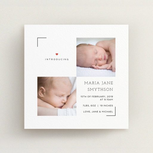 A new baby announcement card design called "Framed". It is a square (148mm x 148mm) card in a square orientation. It is a photographic new baby announcement card with room for 2 photos. "Framed" is available as a flat card, with tones of white and red.