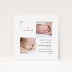 A new baby announcement card design called "Framed". It is a square (148mm x 148mm) card in a square orientation. It is a photographic new baby announcement card with room for 2 photos. "Framed" is available as a flat card, with tones of white and red.